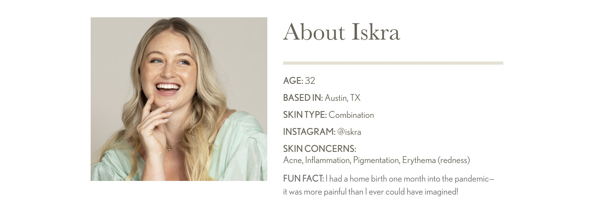 Picture of Iskra smiling. Text 